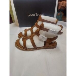 Beau Today Brown Leather Studded Gladiator Sandals Strappy Flat Roman Shoes 235